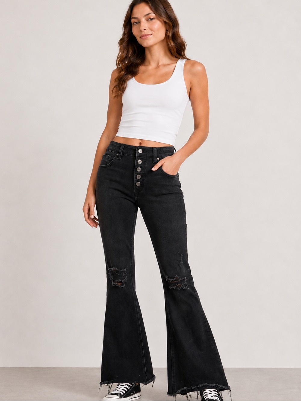 Vervet Blue Jeans Black Distressed Button Fly Raw Hem Groovy Flare Jeans